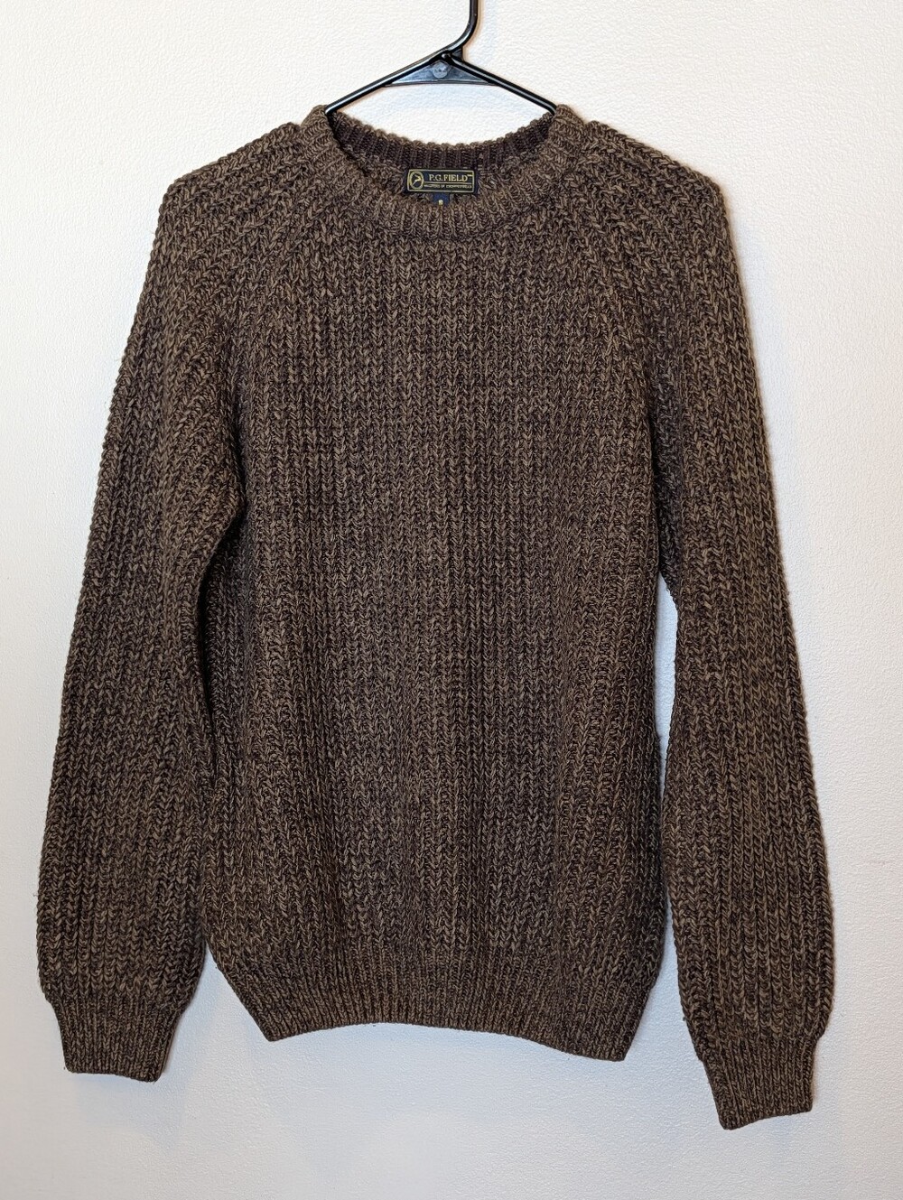 P.G. Field Men's Chunky Knit Sweater Brown Crew Neck Fisherman Pullover S